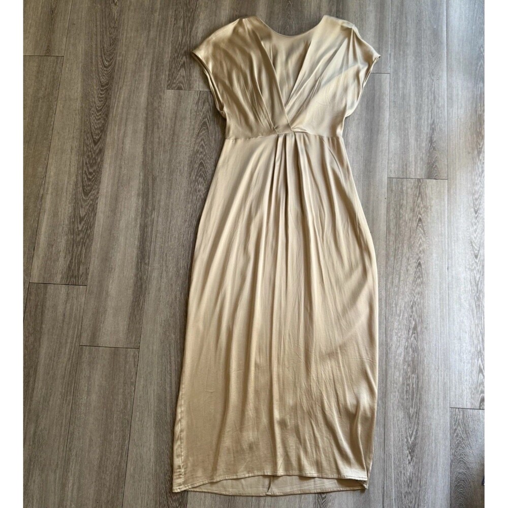 Golden-Beige Satin-like Midi V-neckline Short Sleeves Stretch Dress Sz XS Fits S - Picture 9 of 16